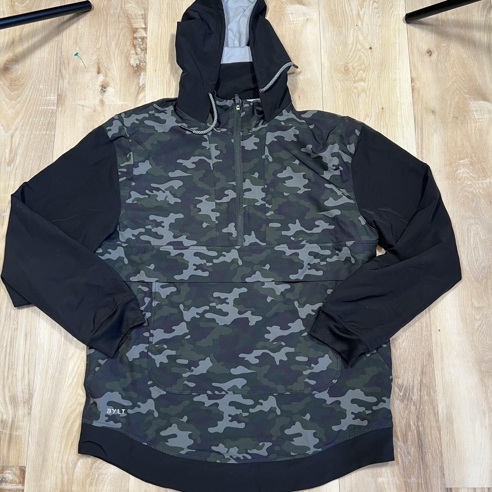 BYLT Elevate Drop Cut Windbreaker Jacket Mens Medium Green Camo‎ Hooded 1/2 Zip
